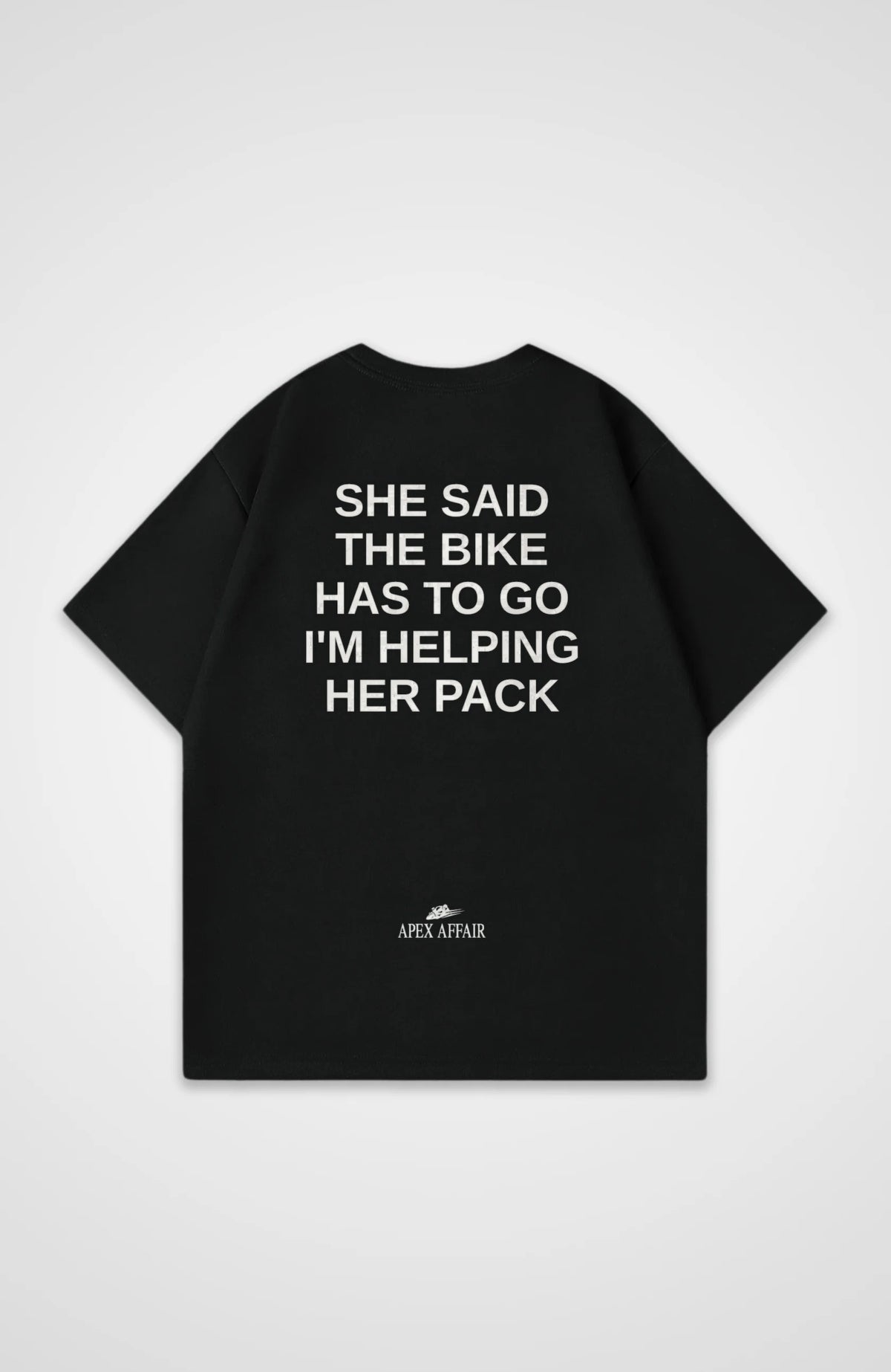 The Bike Has To Go Oversized Shirt, back print, flat lay, black