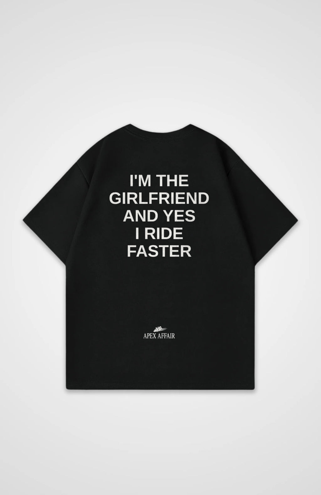 I'm The Girlfriend Oversized Shirt, back print, flat lay, black