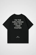 I'm The Girlfriend Oversized Shirt, back print, flat lay, black