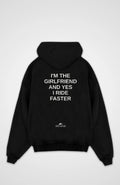 I'm The Girlfriend Oversized Hoodie, back print, flat lay, black